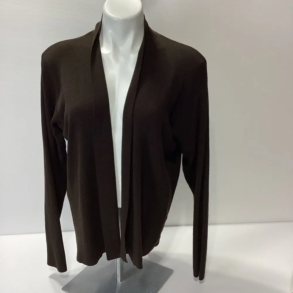 Eileen Fisher Brown Wool Cardigan Size L Open Front Teachercore Academia Casual